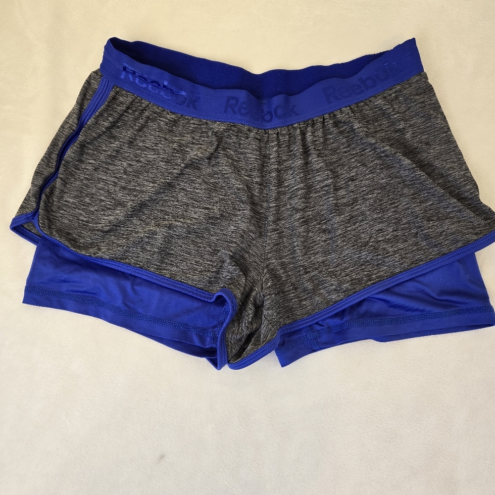 Reebok Women's Gray Heather Layered Shorts with Royal Blue Trim